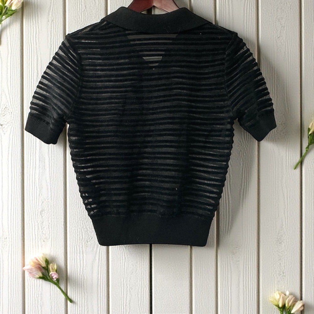 The Kooples Black Sheer Striped Knit Polo Shirt Short Sleeve Top Size S - Picture 3 of 7